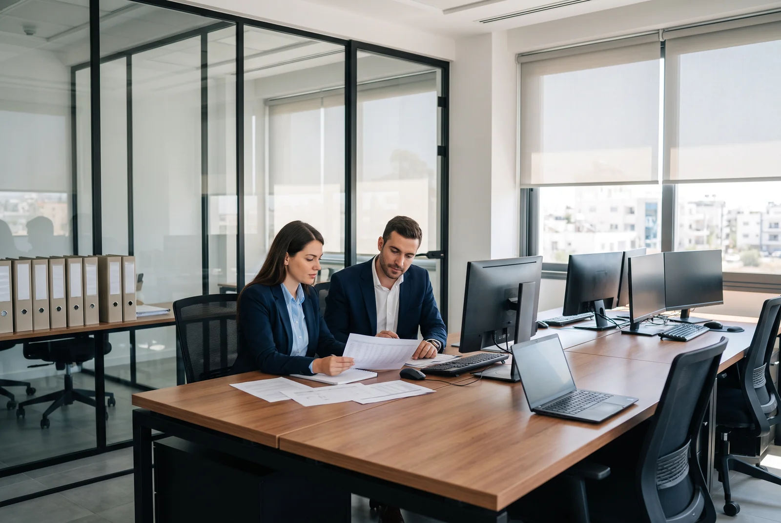 Two accountants reviewing financial documents at a workstation in a modern office